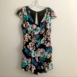 Aqua floral short romper cap sleeve v-neck, medium